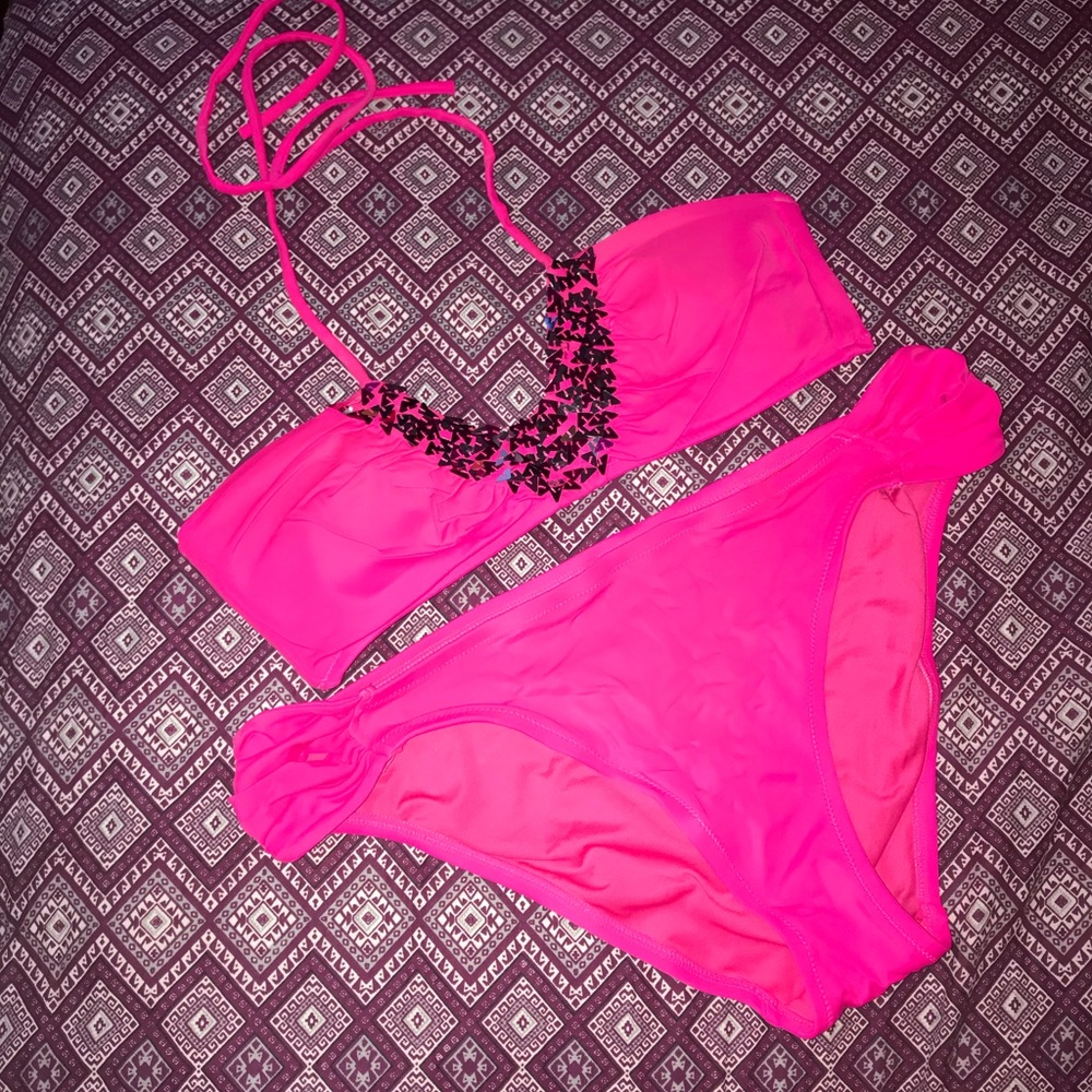 Hot Pink Two Piece Bikini Swimsuit w/Silver Sequin